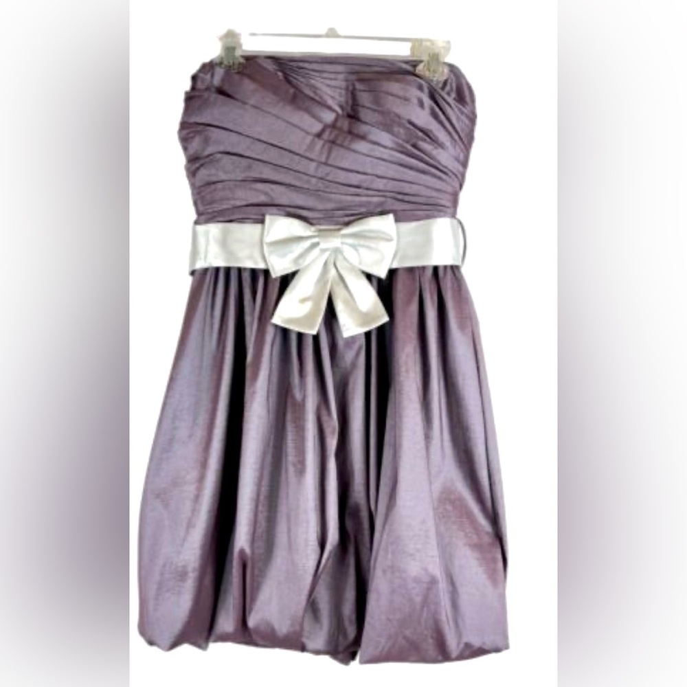 Oleg Casini Strapless Dusty Purple Bubble Hem Mini Cocktail Dress w Silver Bow